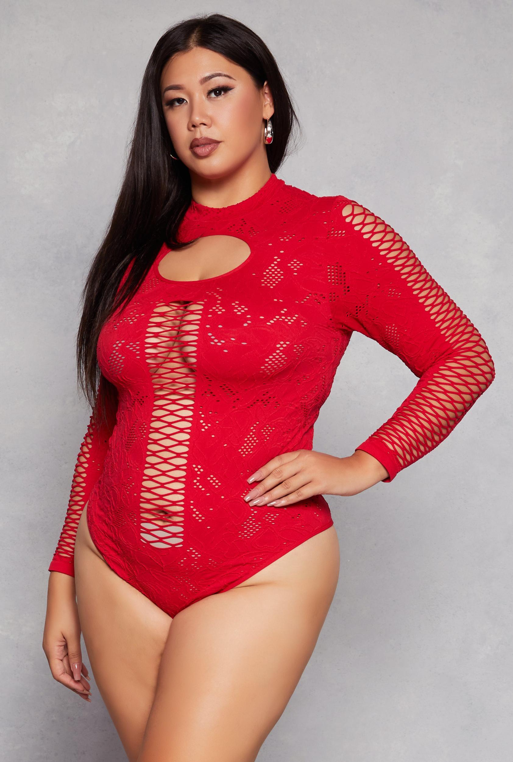 Womens Plus Size Keyhole Fishnet Detail Long Sleeve Bodysuit Product Image