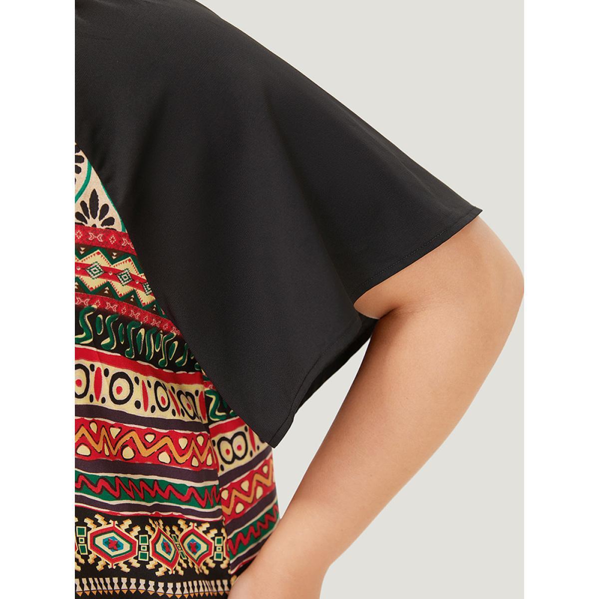 Plus Size Multicolor Moroccan Print Raglan Sleeve Tassels Tie Neck Blouse Women Vacation Short sleeve Tie Neck Dailywear Blouses BloomChic 12/L Product Image