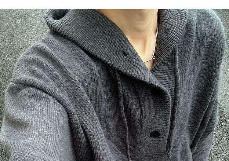 Half Buttoned Plain Knit Hoodie Product Image