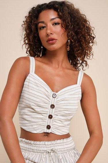 Endless Leisure Beige Multi Striped Cropped Sleeveless Top Product Image