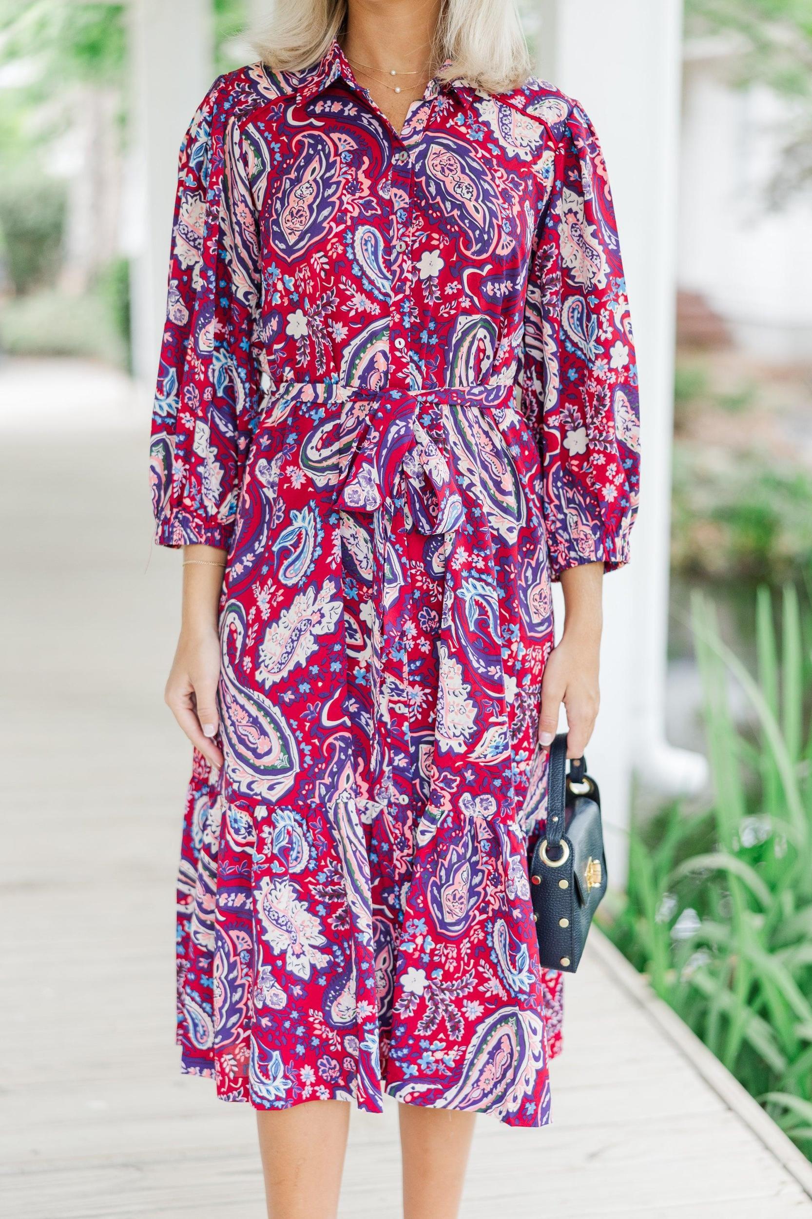 Just Having Fun Wine Red Paisley Midi Dress Female Product Image