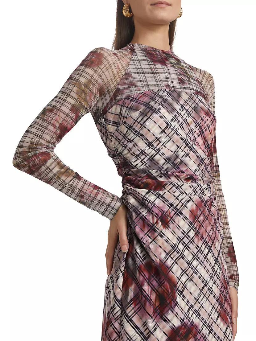 Edith Floral & Plaid Mesh Long-Sleeve Midi-Dress Product Image