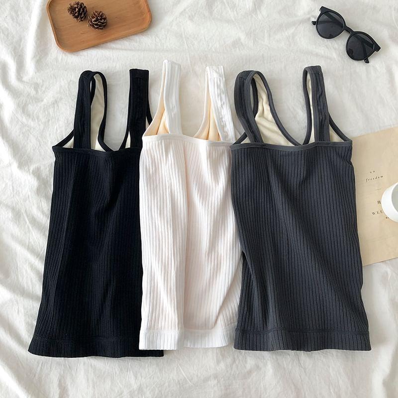 V-Neck Plain Ribbed Fleece-Lined Slim Fit Tank Top Product Image