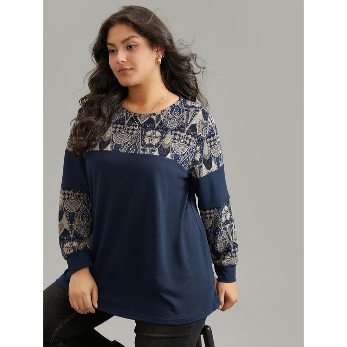 Plus Size Boho Print Patchwork Round Neck Sweatshirt Women DarkBlue Casual Printed Round Neck Dailywear Sweatshirts BloomChic 12/L Product Image