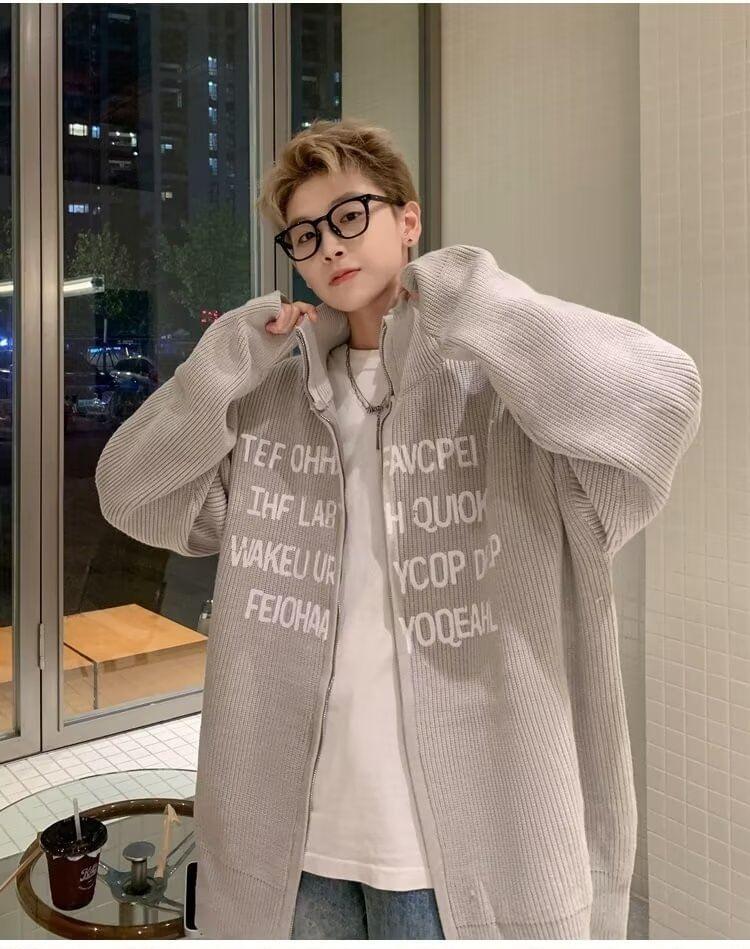 Stand Collar Drop Shoulder Lettering Zip Oversized Cardigan Product Image