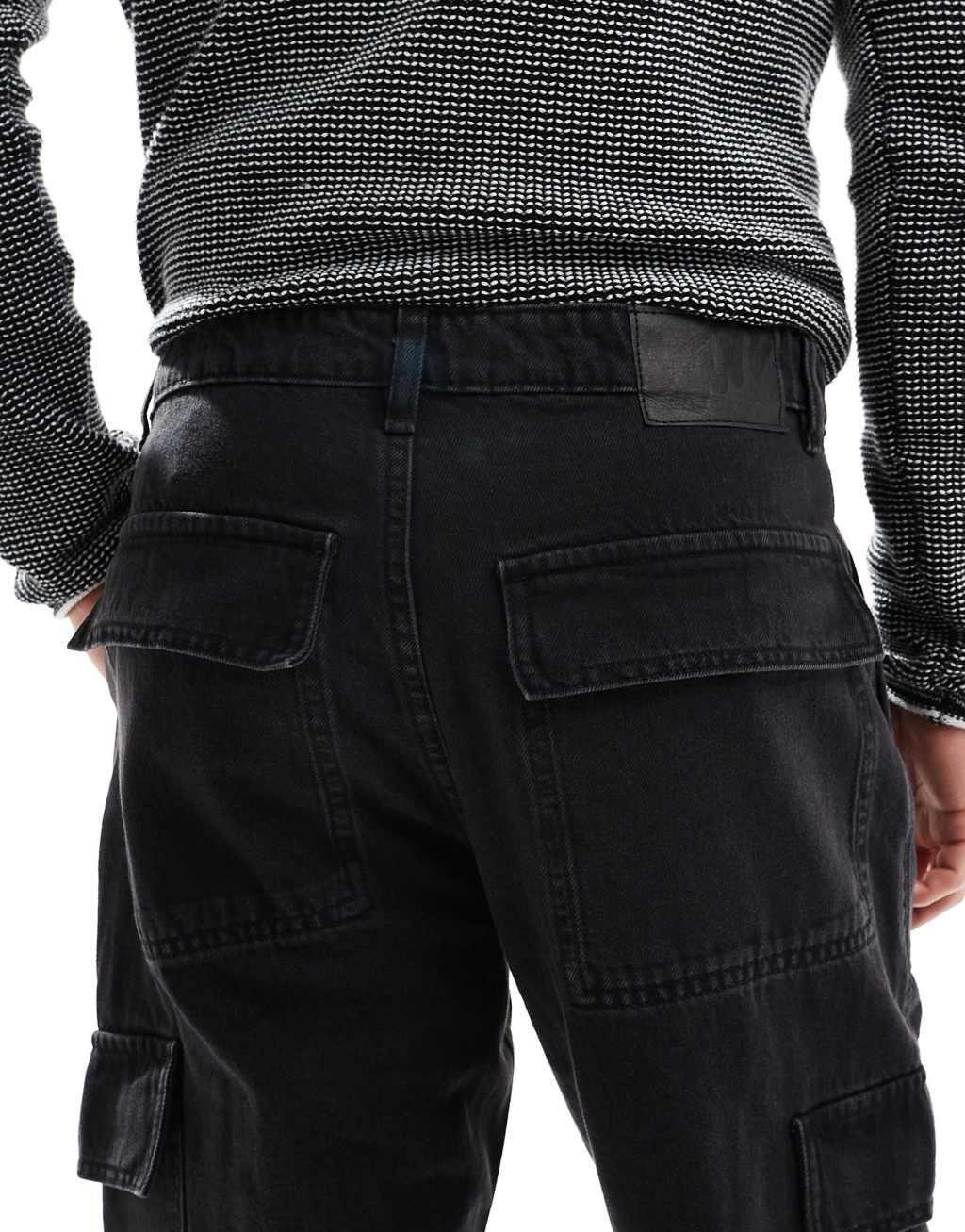 Pull&Bear straight fit contrast stitch cargo jeans in black Product Image