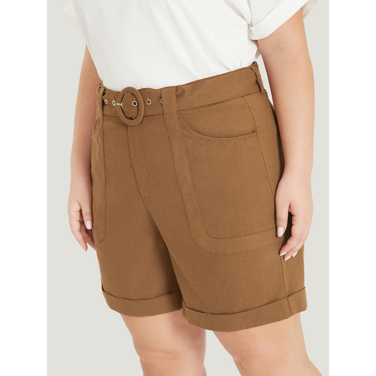 Plus Size Solid Pocket Belted Roll Hem High Rise Shorts Women DarkBrown Office Belted Work Shorts BloomChic 22-24/3X Product Image