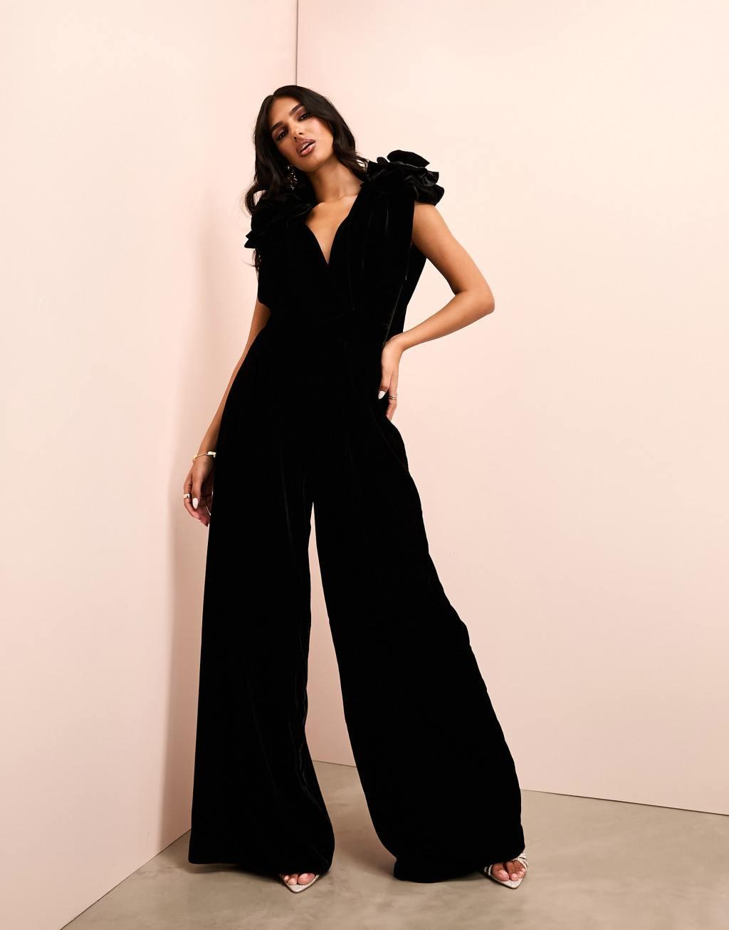 ASOS LUXE velvet corsage cowl neck wide leg jumpsuit Product Image