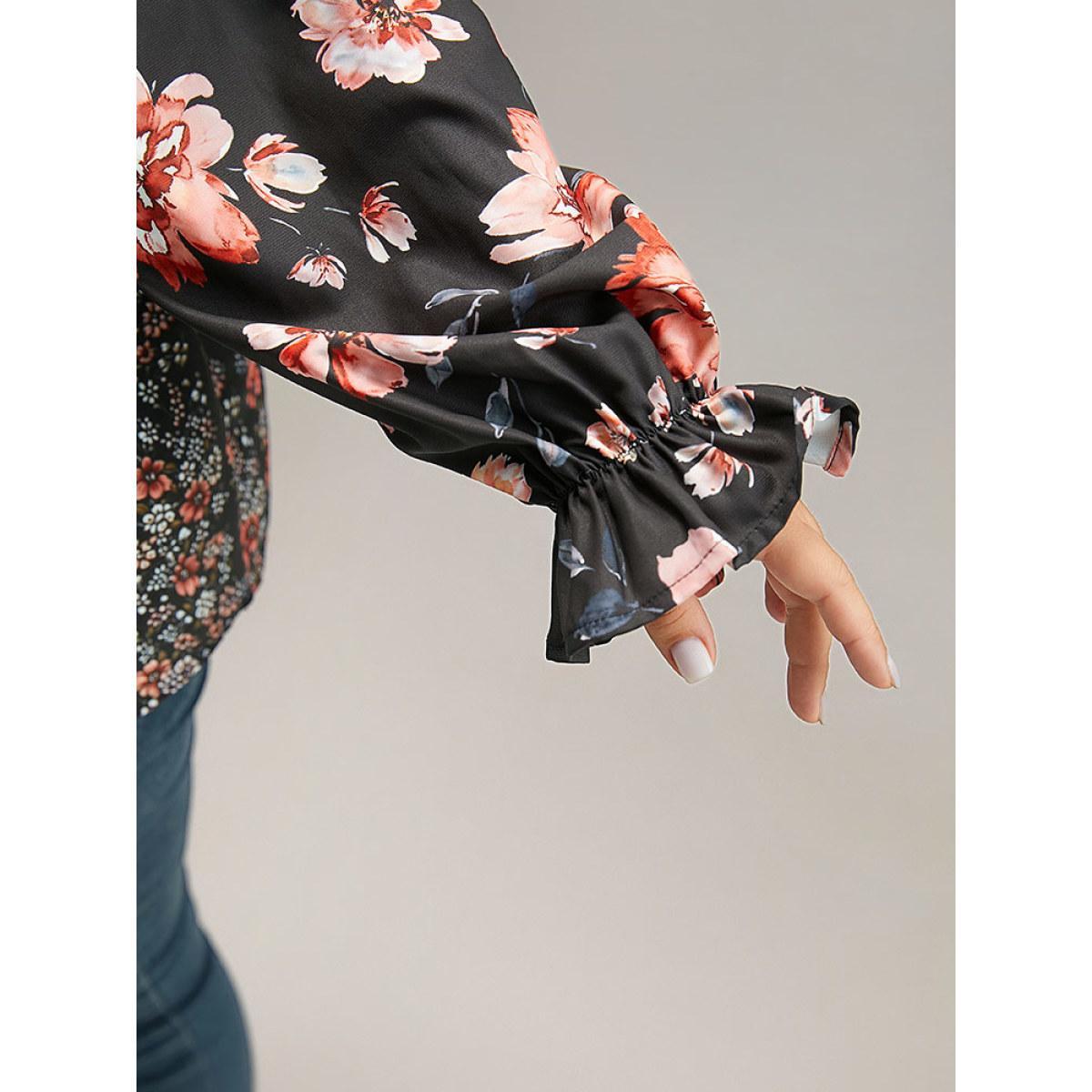 Plus Size BlackFlower Floral Print Flutter Sleeve Patchwork Blouse Women Elegant Long Sleeve V-neck Dailywear Blouses BloomChic 18-20/2X Product Image