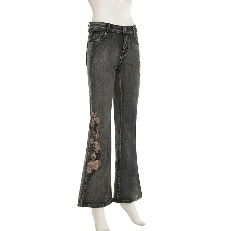 Mid Waist Floral Embroidered Flared Jeans Product Image