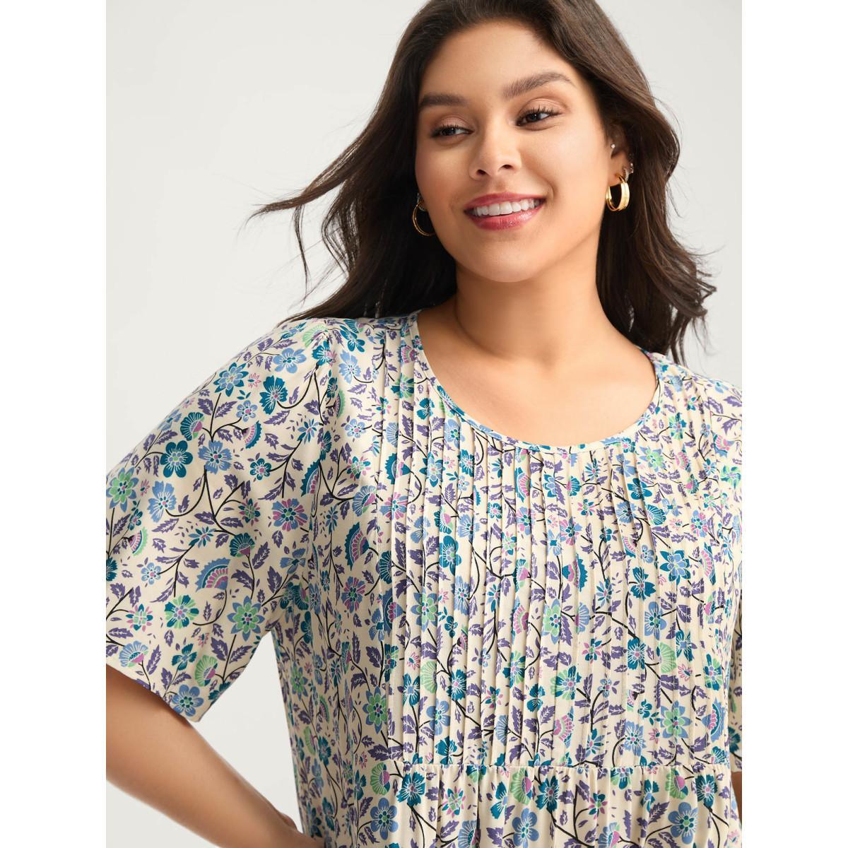 Plus Size Aegean Rayon Pleated Floral Print Blouse Women Half Sleeve Round Neck Everyday-Elegant Blouses BloomChic 10/M Product Image