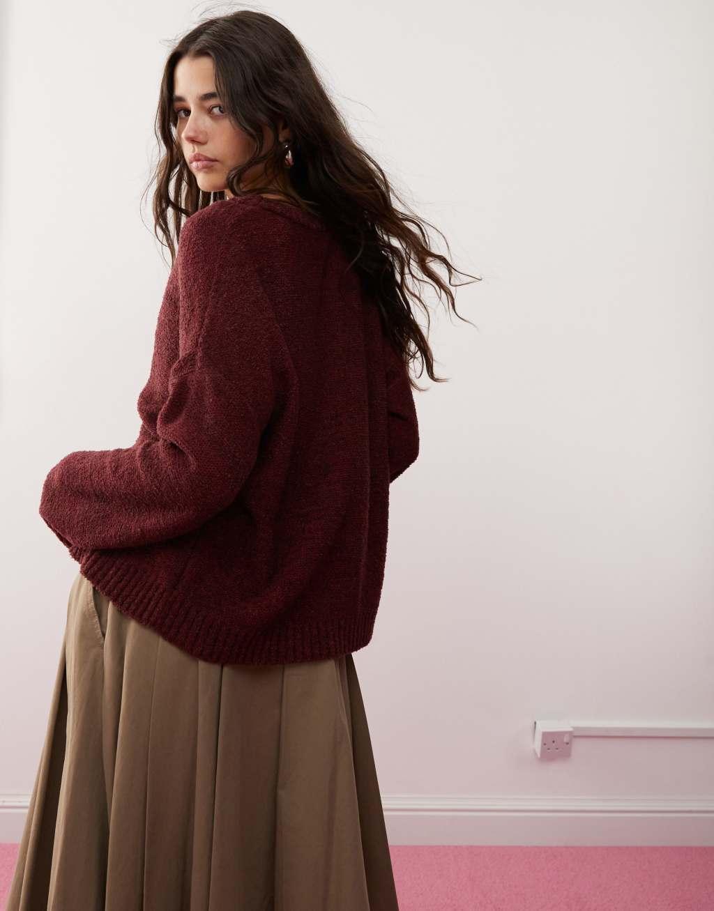 Reclaimed Vintage boxy cardigan in burgundy Product Image