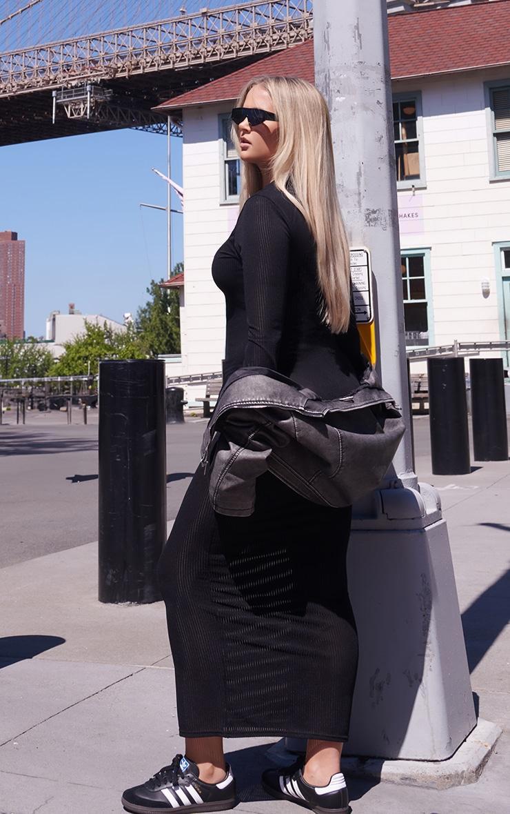 Black Sheer Rib Long Sleeve Midaxi Dress Product Image