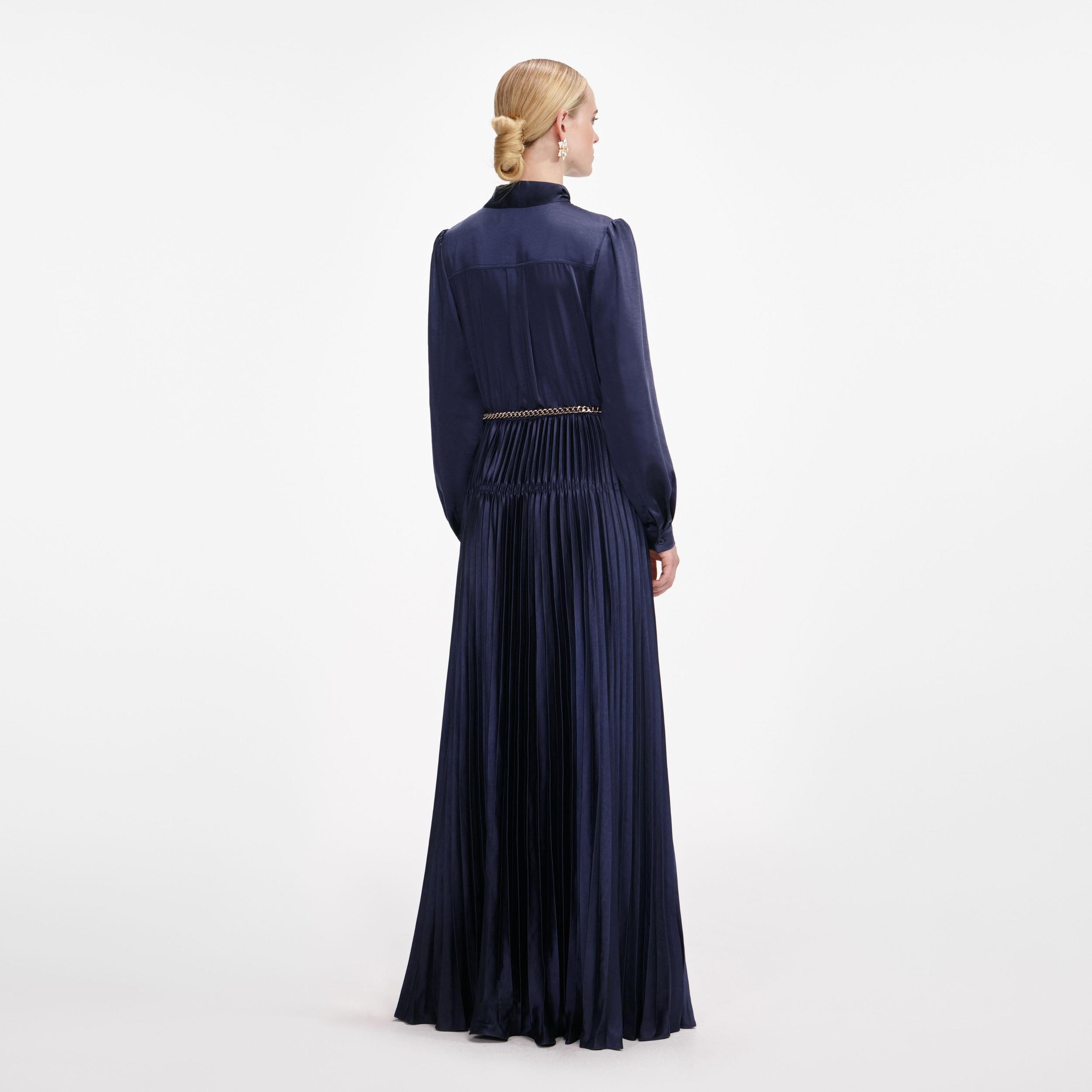 Navy Satin Pussy Bow Maxi Dress Product Image