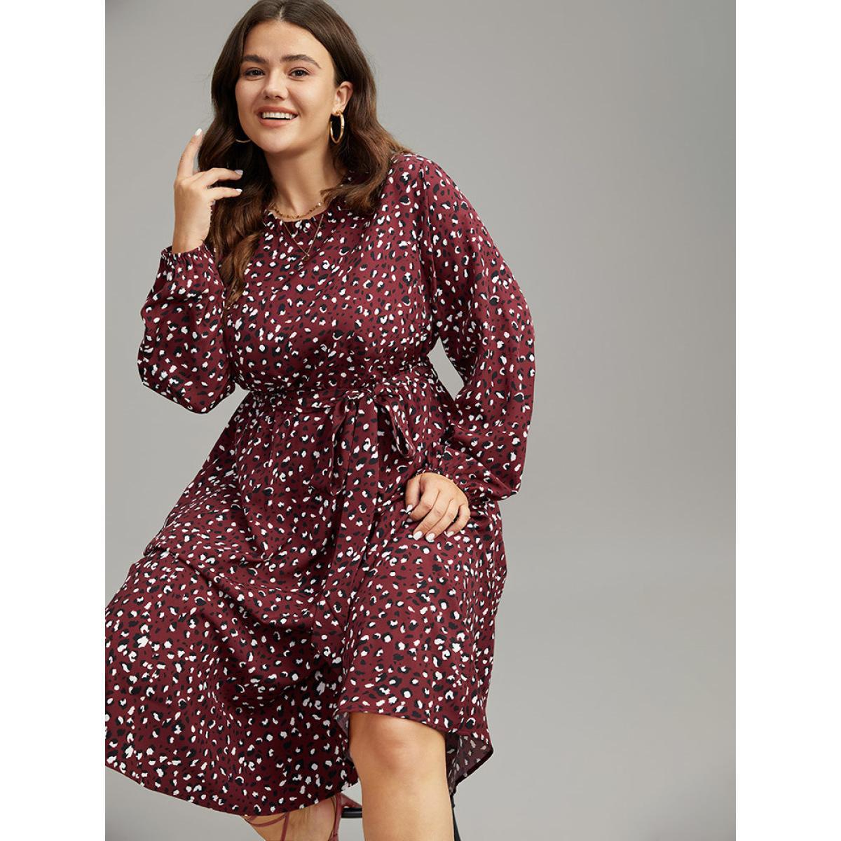 Plus Size Allover Print Elastic Cuffs Frill Trim Belted Dress Burgundy Women Elegant Elastic cuffs Mock Neck Long Sleeve Curvy Midi Dress BloomChic 14-16/1X Product Image