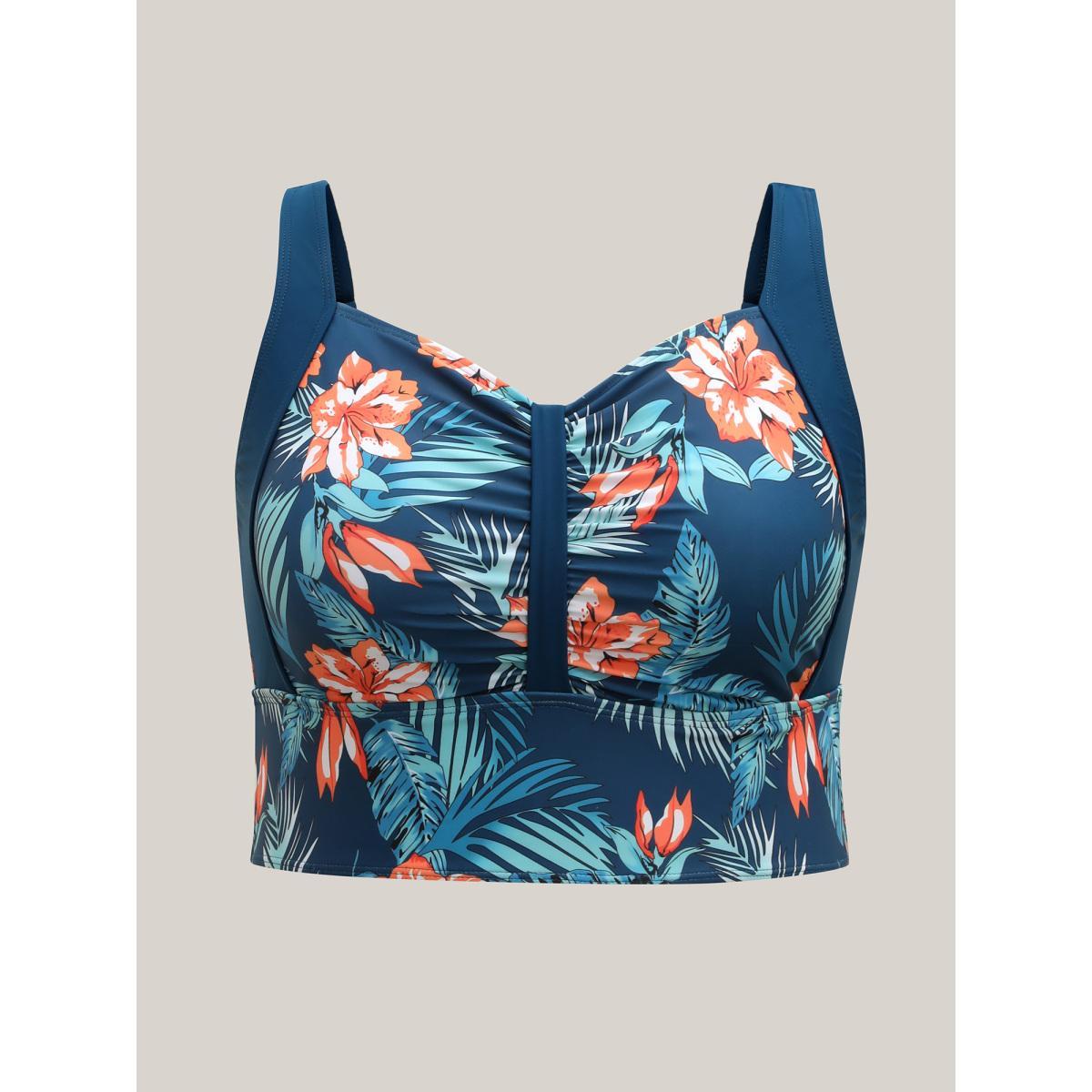 Plus Size Tropical Print Ruched Spliced Swim Top Women's Swimwear Indigo Beach Gathered High stretch Skinny Heart neckline Curve Swim Tops BloomChic 14-16/1X Product Image