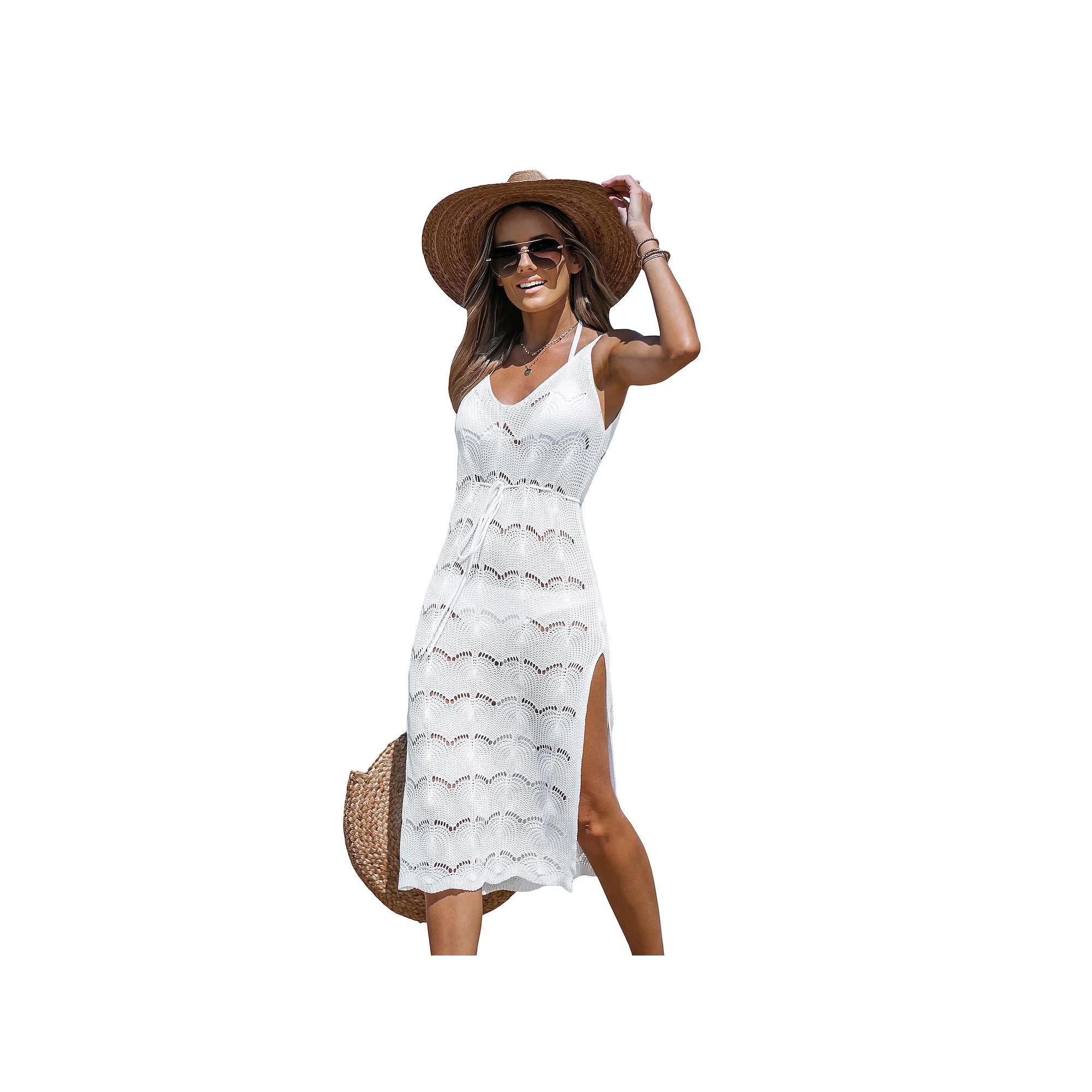 Women's Cupshe Crochet V-neck Drawstring Cover-Up Dress, Size: Large, White Product Image