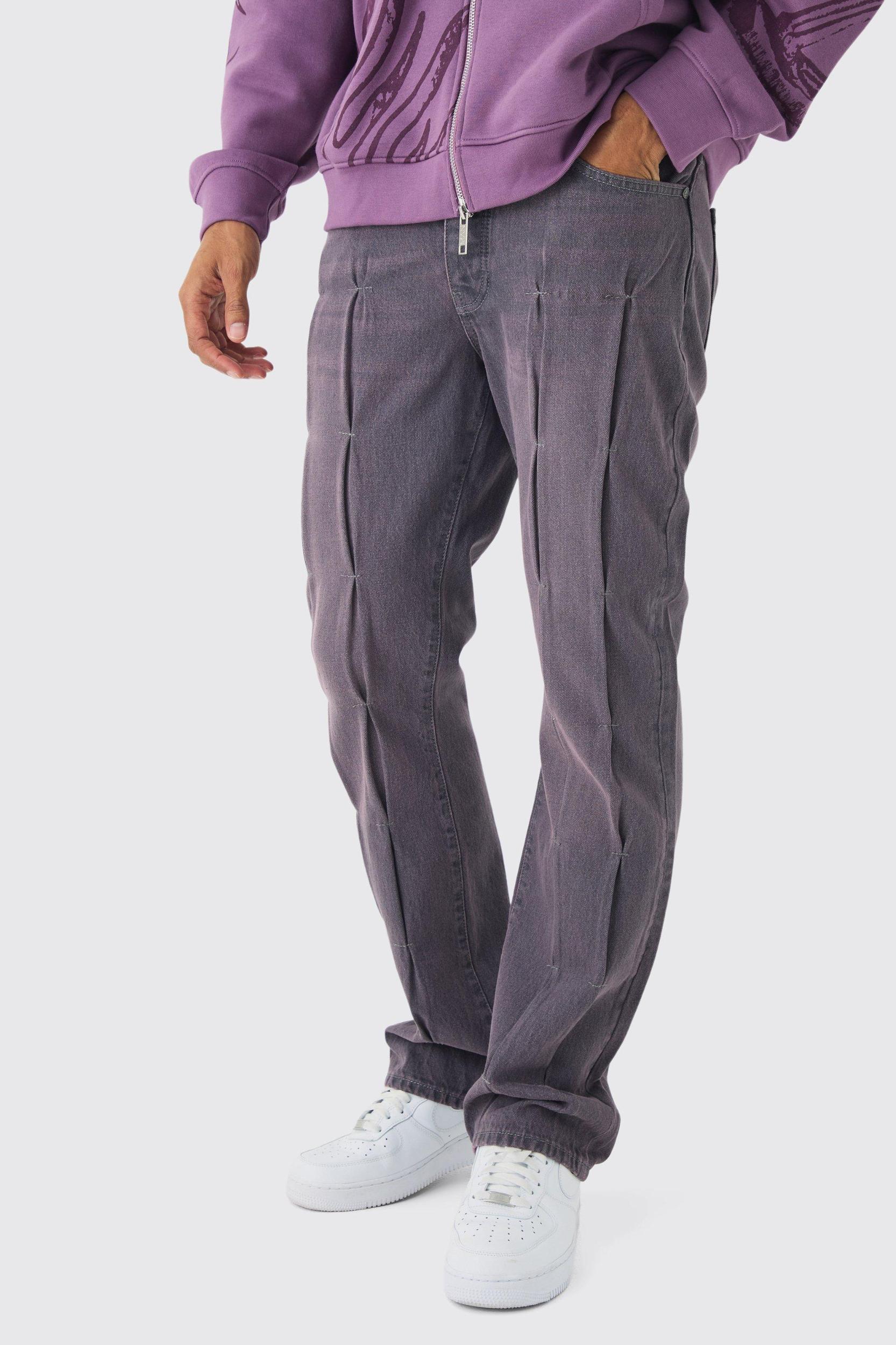Mens Purple Slim Rigid Flare Pintuck Denim Jeans, Purple Product Image