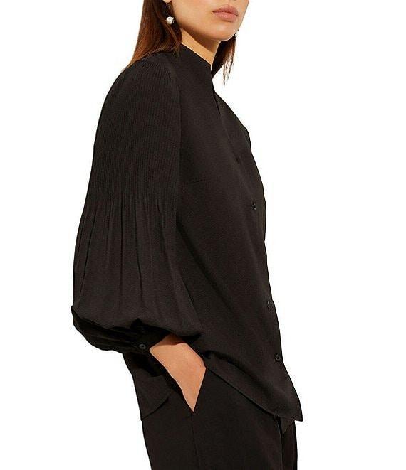 MISOOK Stretch Crepe Funnel V-Neck Pleated Bishop Sleeve Blouse Product Image