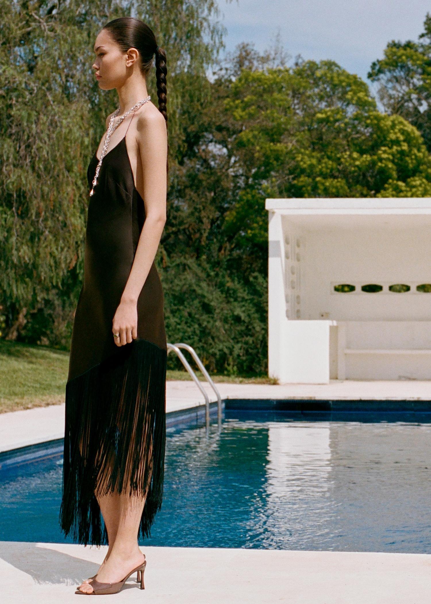 Asymmetrical satin dress with fringes - Women | MANGO USA Product Image