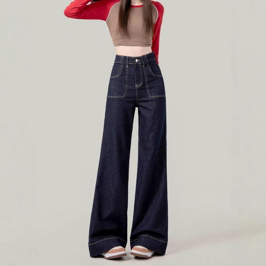 High Waist Contrast Stitched Wide Leg Jeans Product Image