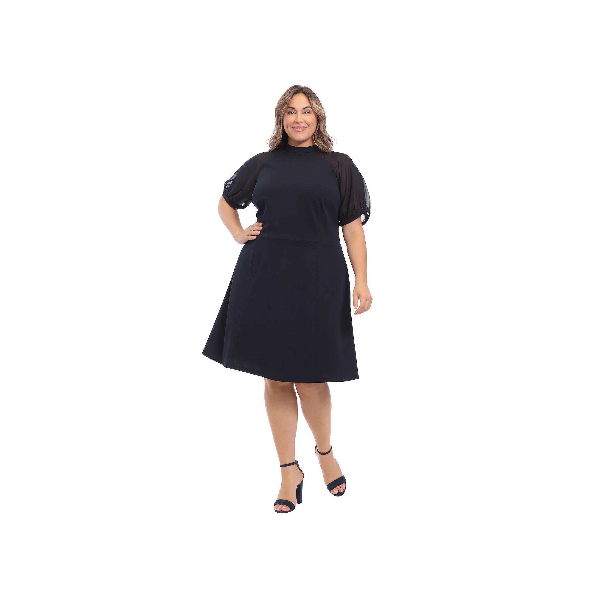 Plus Size London Times Mockneck Sheer Raglan Fit & Flare Dress, Women's, Size: 16 W, Blue Product Image