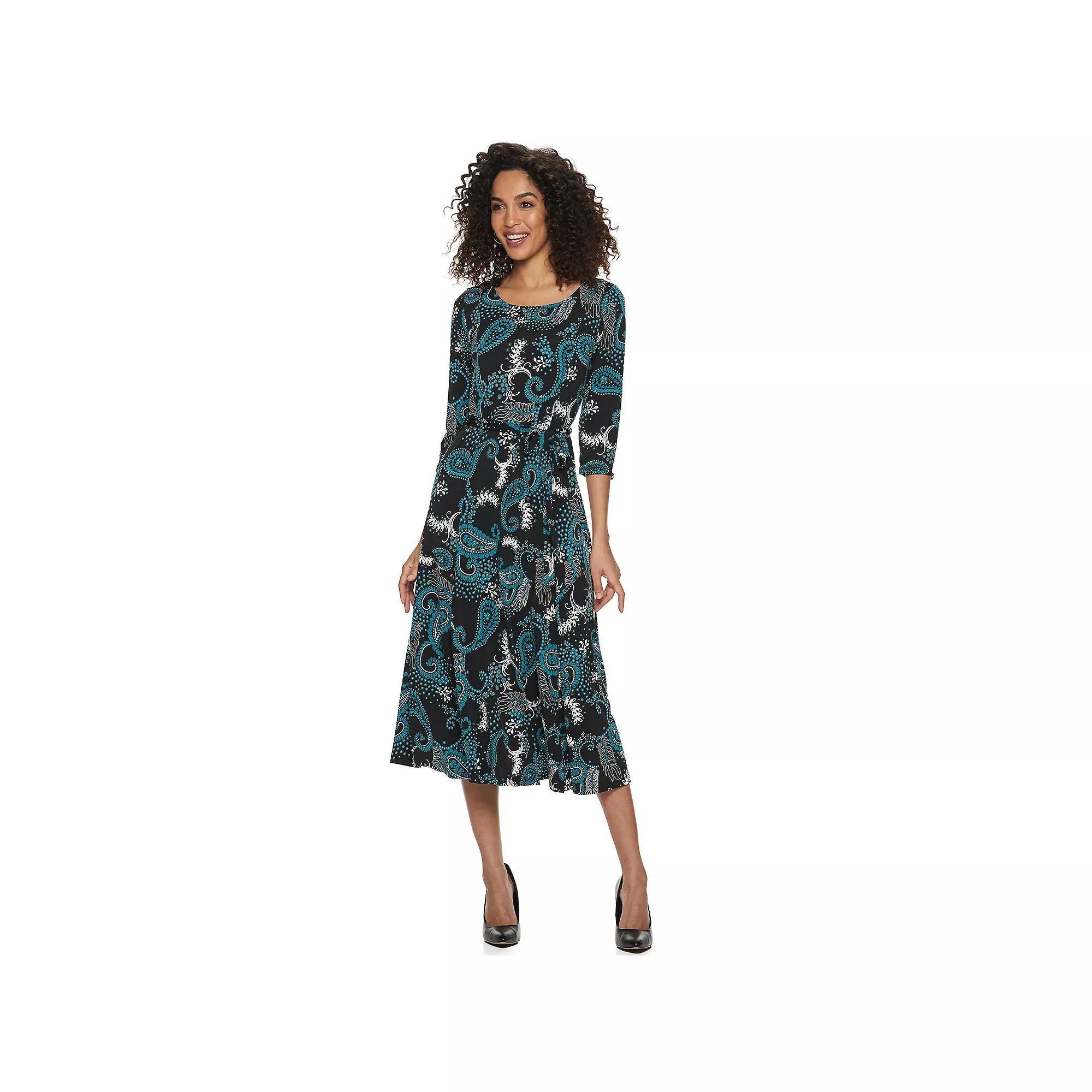 Womens Nina Leonard Belted 3/4 Sleeve Print Midi Dress Dusty Pink Product Image