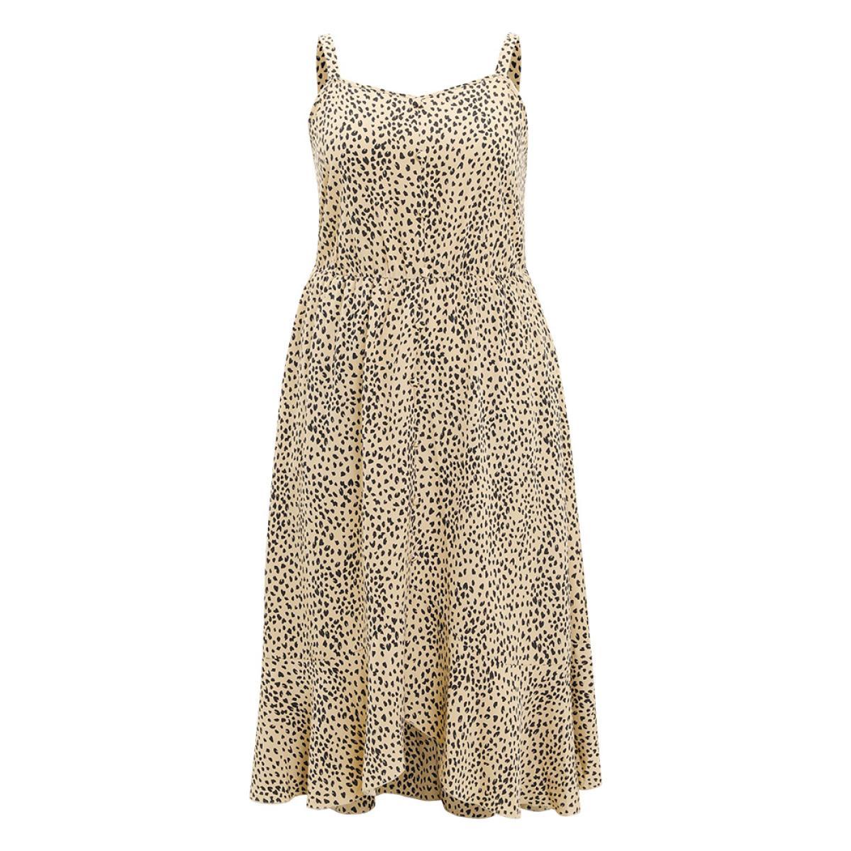 Plus Size Leopard Print Flutter Hem Pocket Adjustable Straps Cami Dress Multicolor Women Elegant Adjustable Straps V-neck Sleeveless Curvy Midi Dress BloomChic 30/6X Product Image