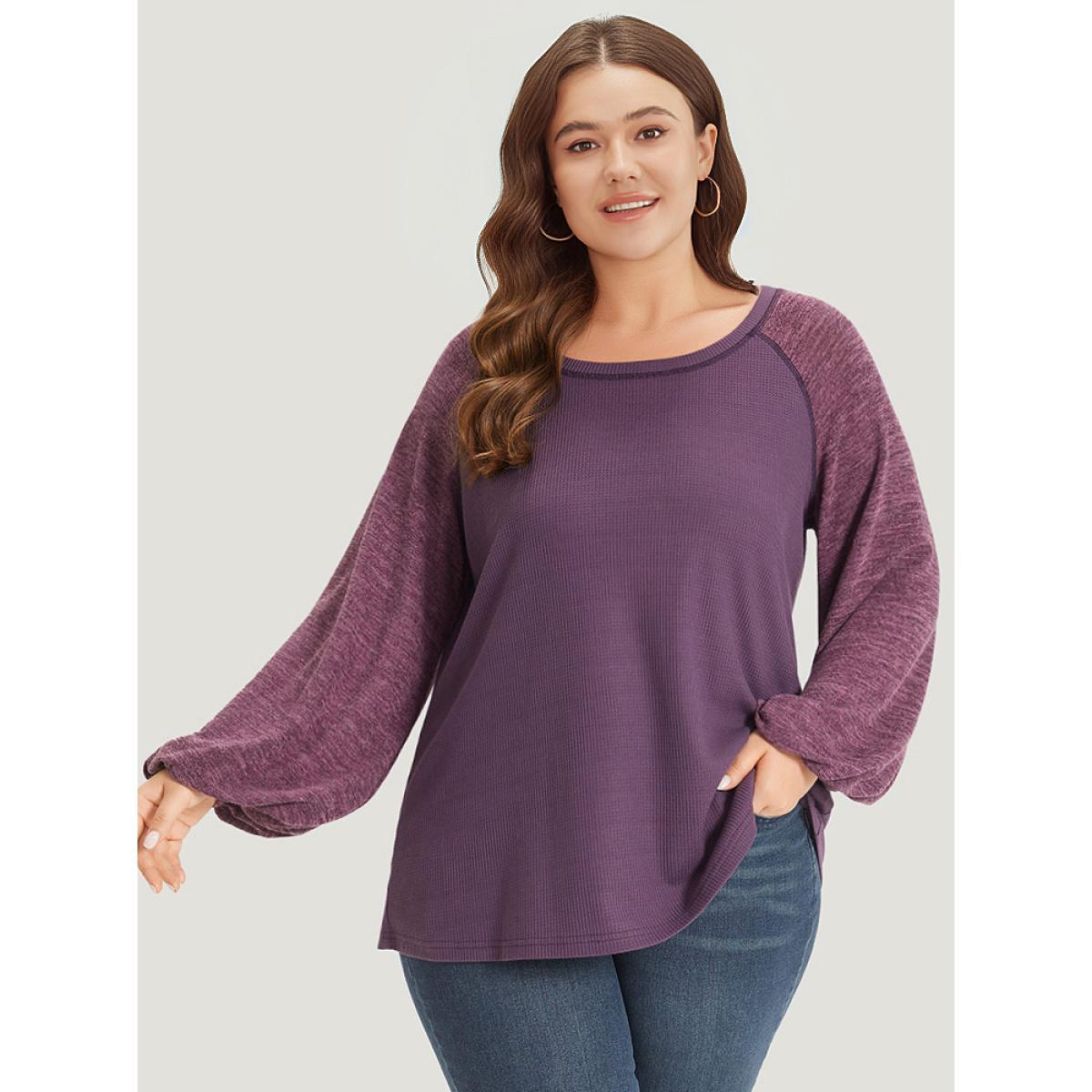 Plus Size Contrast Patchwork Heather Lantern Sleeve Sweatshirt Women Purple Casual Patchwork Round Neck Dailywear Sweatshirts BloomChic 12/L Product Image