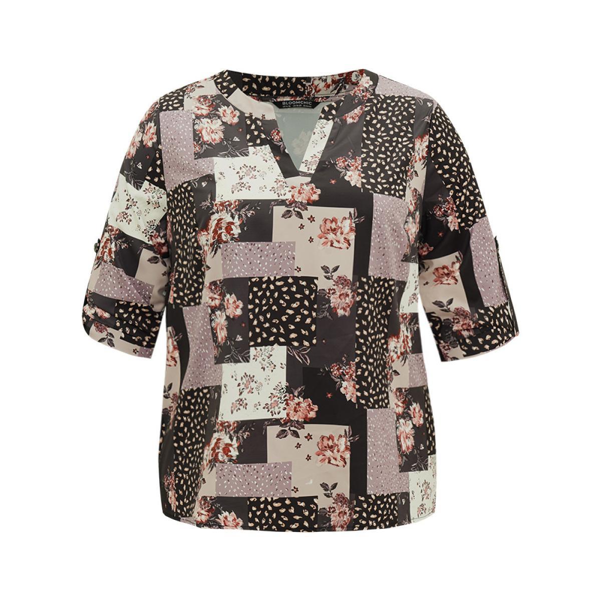 Plus Size BlackFlower Floral Colorblock Contrast Tab Sleeve Blouse Women Elegant Elbow-length sleeve V-neck Dailywear Blouses BloomChic 22-24/3X Product Image