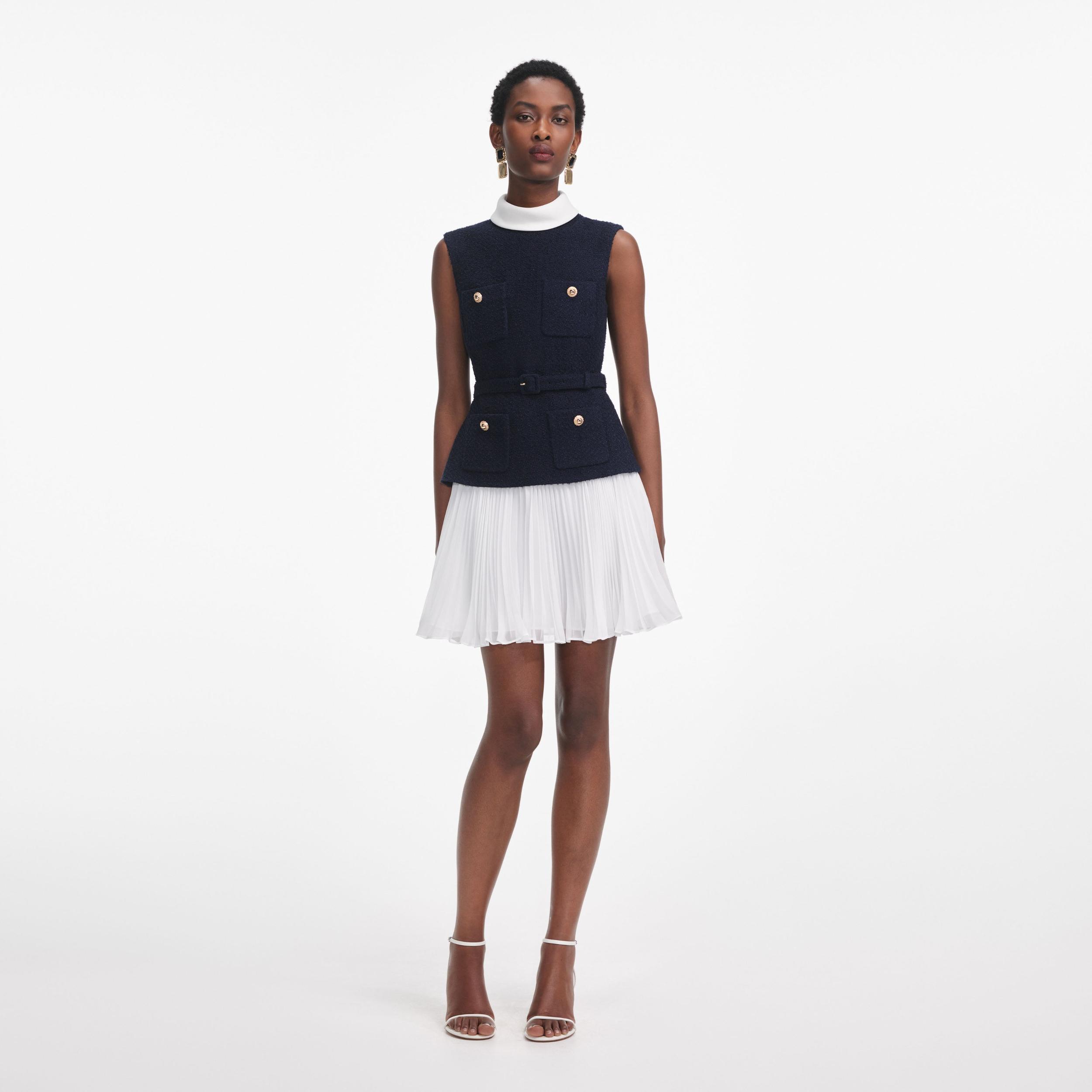 Navy Boucle And Chiffon Mini Dress Product Image
