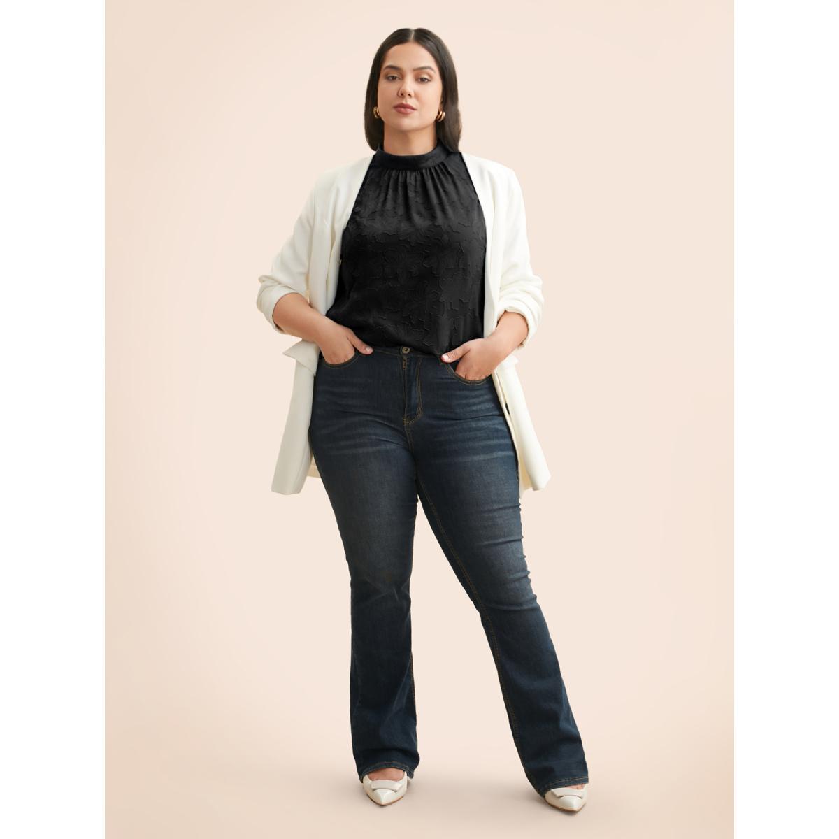 Plus Size Textured Stand Collar Gathered Tank Top Women Black Elegant Texture Stand-up collar Everyday Tank Tops Camis BloomChic 14-16/1X Product Image