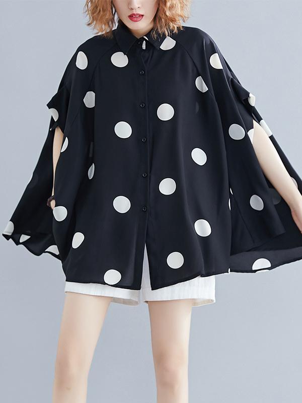 Batwing Sleeves Loose Polka-Dot Lapel Blouses&Shirts Tops Product Image