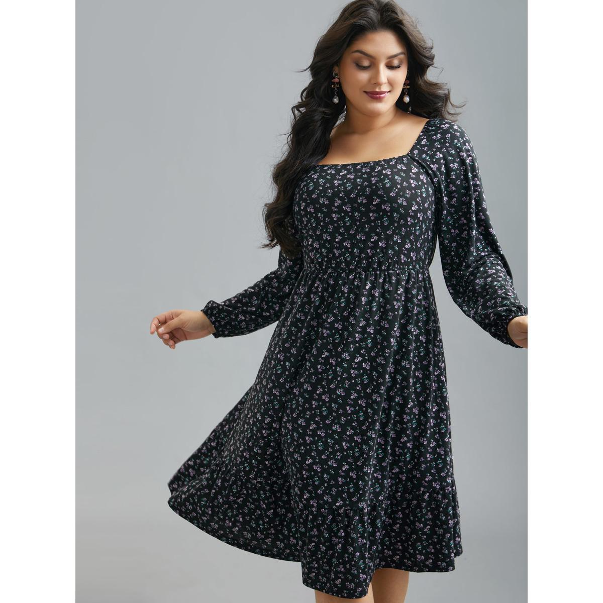 Plus Size Square Neck Ditsy Floral Elastic Waist Dress BlackFlower Women Elegant Non Knit Dresses Bloomchic 22-24/3X Product Image