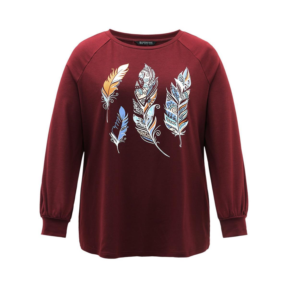Plus Size Feather Print Crew Neck Raglan Sleeve Sweatshirt Women Scarlet Casual Printed Dailywear Sweatshirts BloomChic 26/4X Product Image