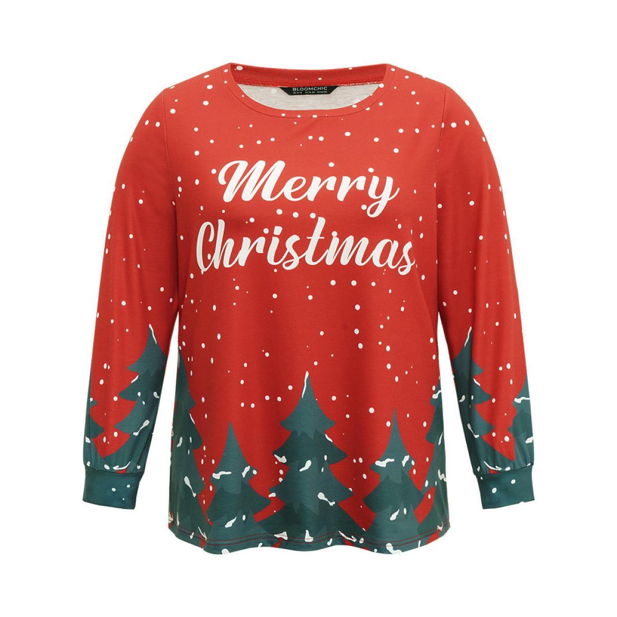 Plus Size Christmas Trees Snowflake Round Neck Sweatshirt Women Red Casual Contrast Festival-Christmas Sweatshirts BloomChic 30/6X Product Image