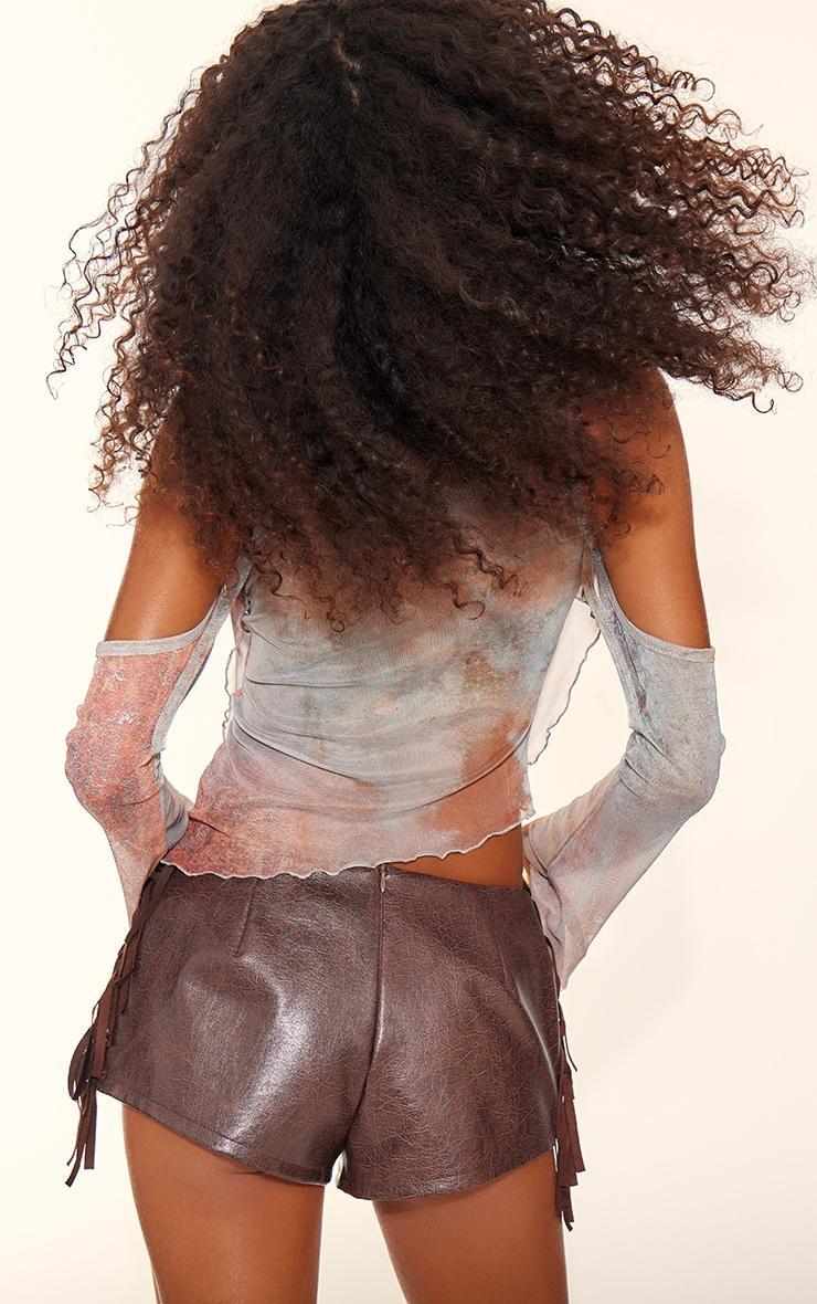 Brown Printed Mesh Cowl Neck Sleeve Detail Top Product Image