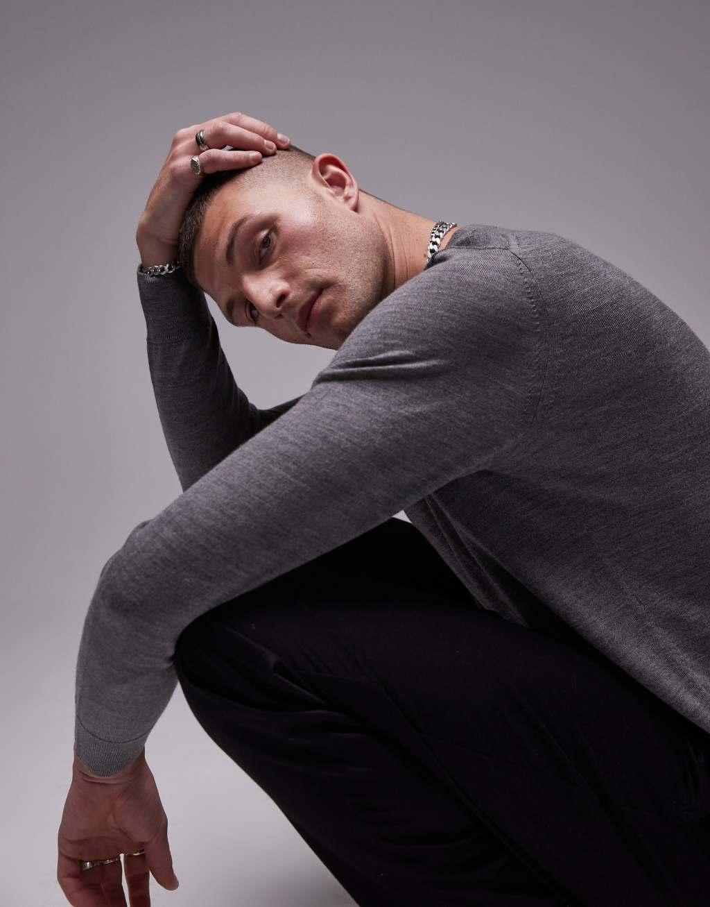 ARKET merino wool sweater with crew neck in dark gray melange Product Image