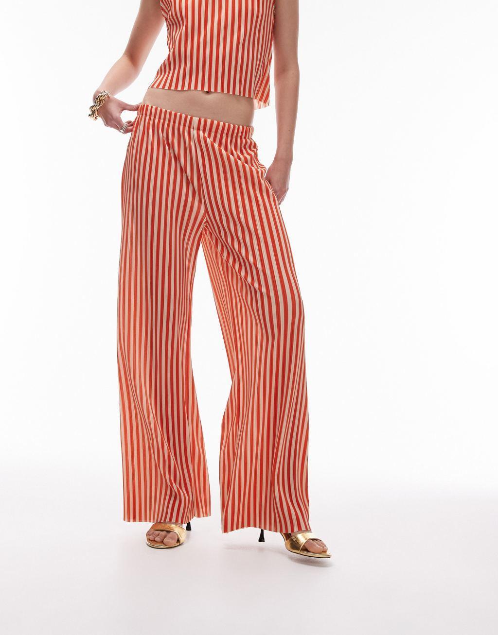 Topshop stripe plisse wide leg pants in red - part of a set Product Image