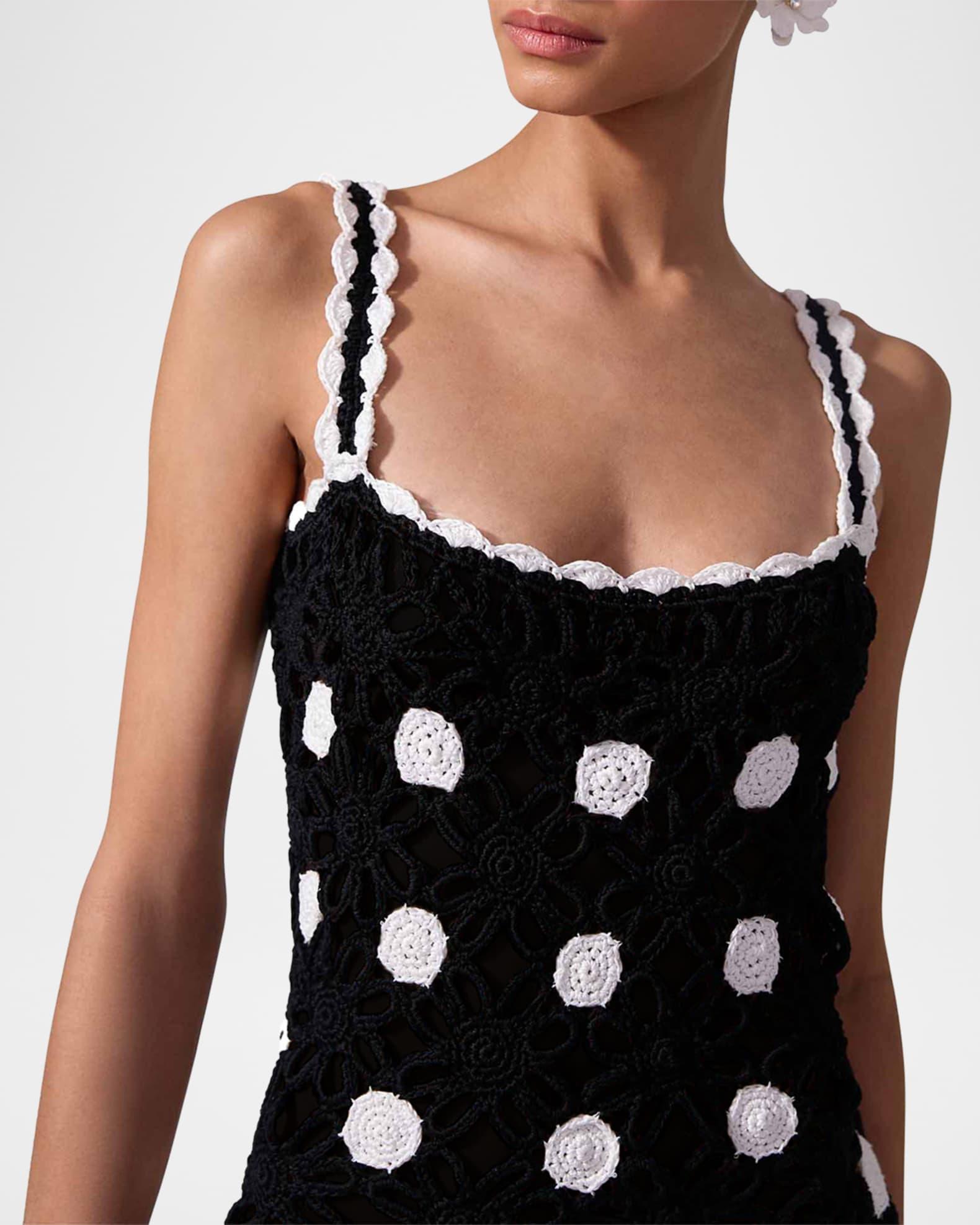 Polka-Dot Crochet-Knit Sleeveless Midi Dress Product Image