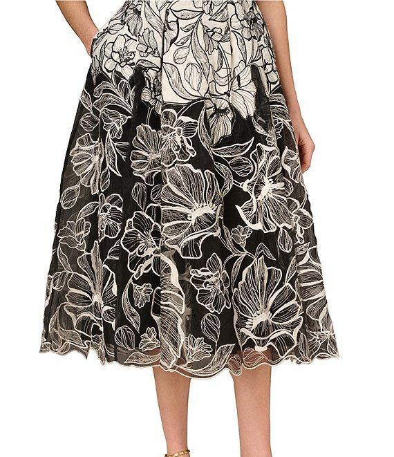 Aidan Mattox Organza Embroidered Floral Print Square Neck Sleeveless A-Line Midi Dress Product Image