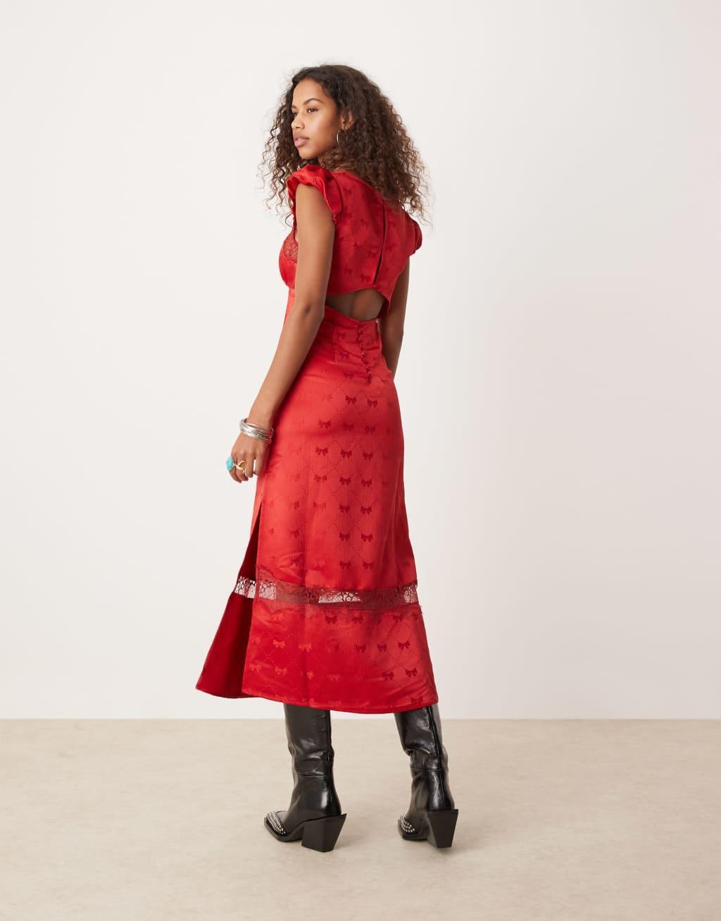 Free People bow print satin midi dress in red Product Image