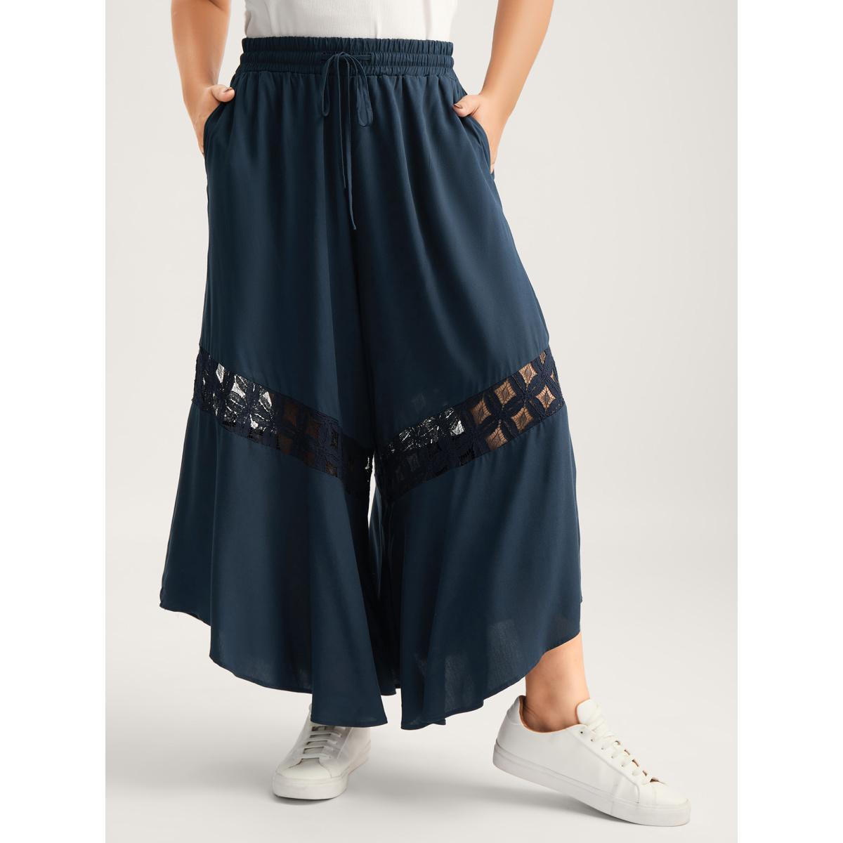 Plus Size Sheer Lace Trim Flared Drawstring Pants Women Indigo Casual Wide Leg Mid Rise Everyday-Casual Pants BloomChic 12/L Product Image
