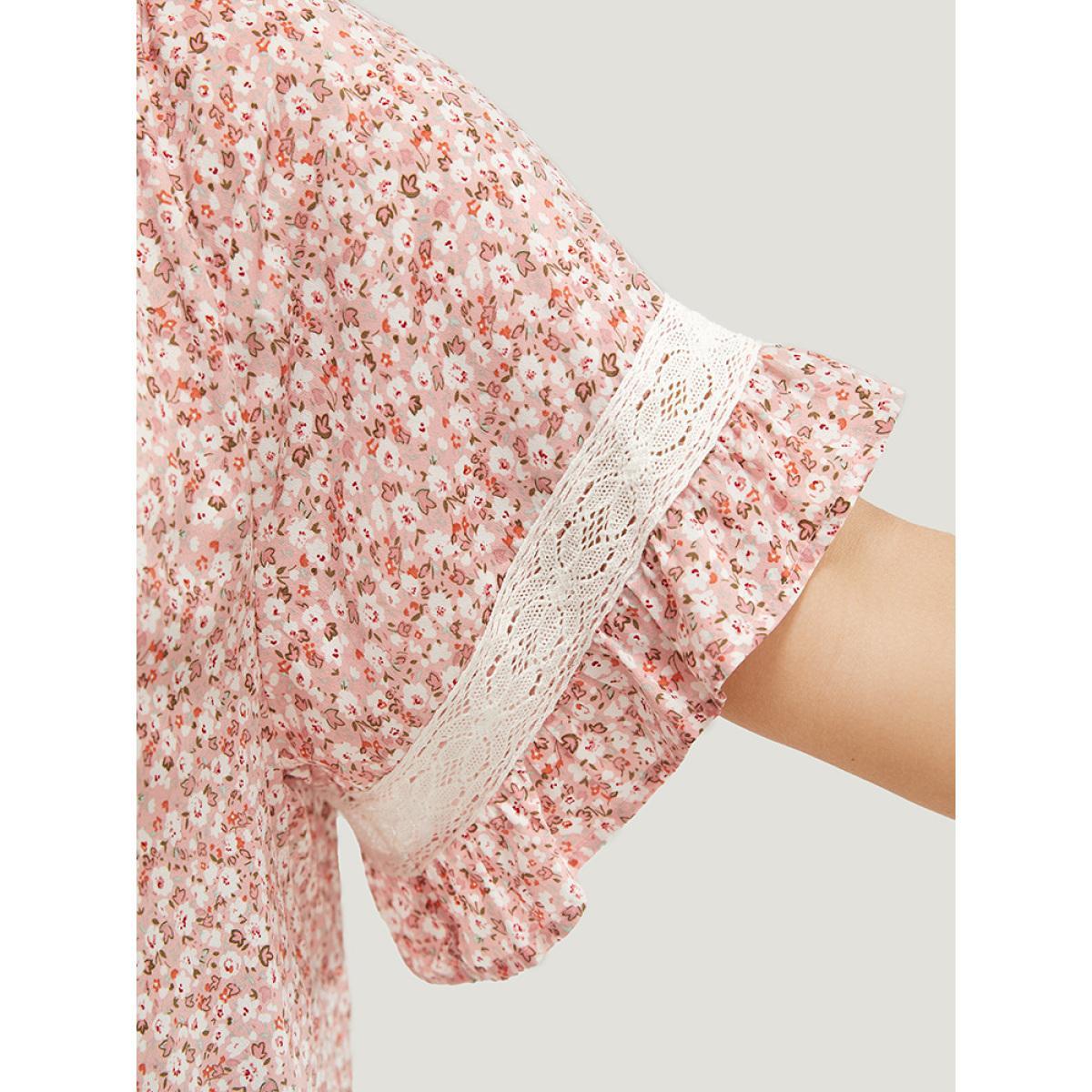 Plus Size Crepe Ditsy Floral Frill Trim Lace Ruffle Sleeve Tie Neck Blouse Women Elegant Short sleeve Tie Neck Dailywear Blouses BloomChic 14-16/1X Product Image