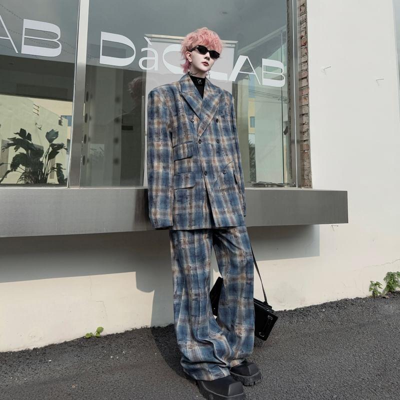 Set: Lapel Collar Plaid Double Breasted Blazer + Mid Rise Wide Leg Pants Product Image