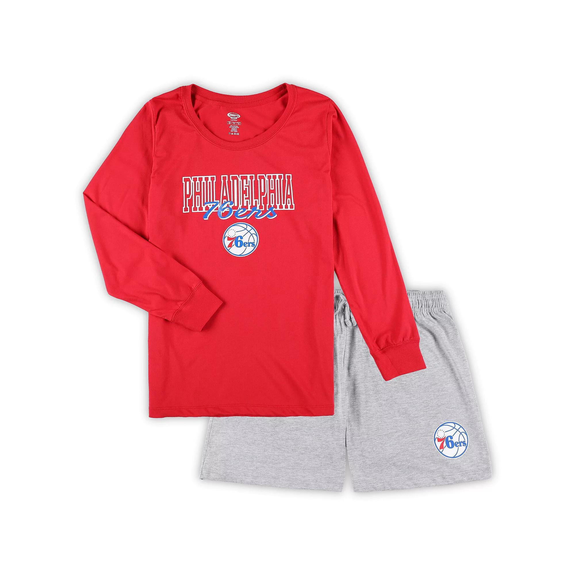 Women's Concepts Sport Red/Heather Gray Philadelphia 76ers Plus Size Long Sleeve T-Shirt and Shorts Sleep Set, Size: 3XL, 76r Red Product Image