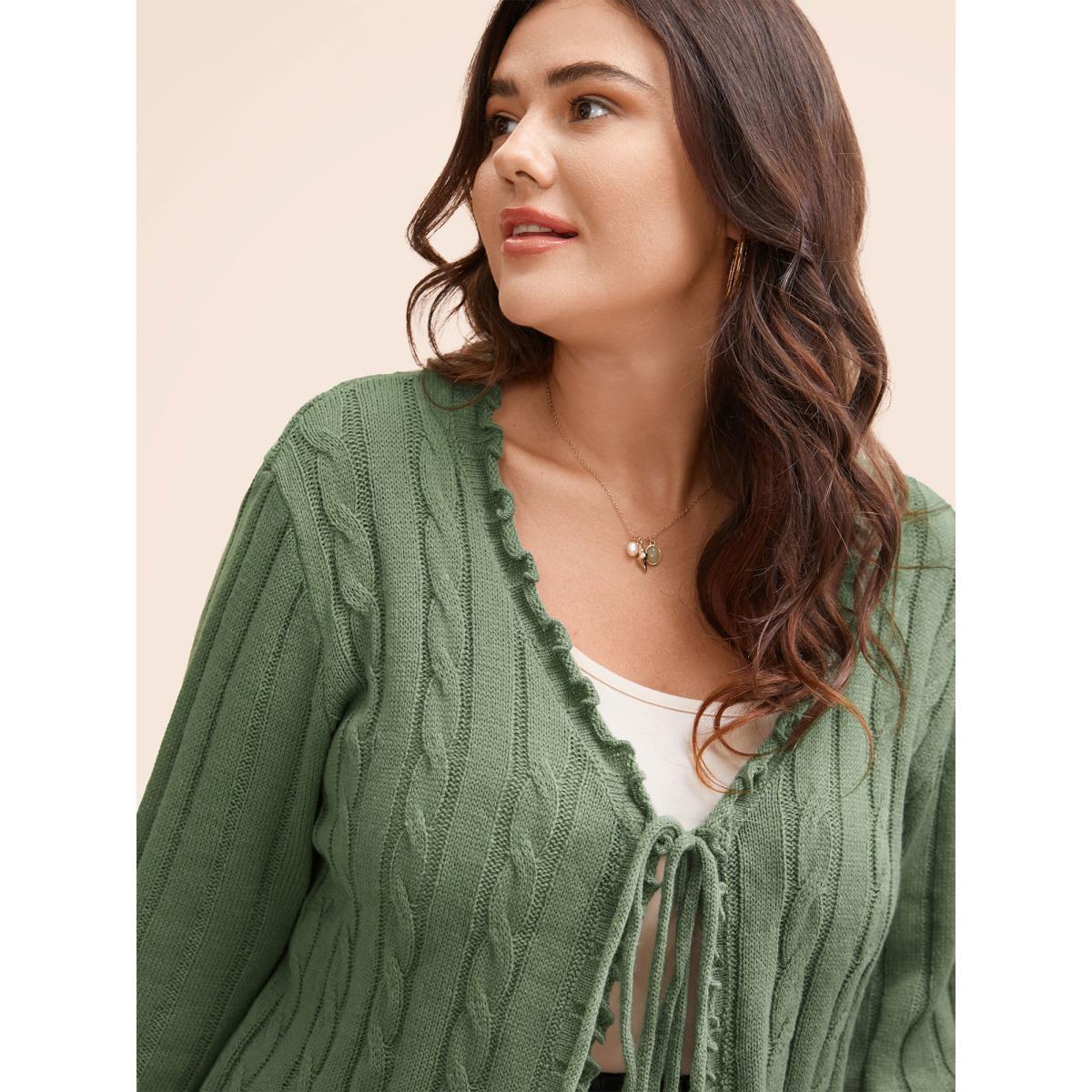 Plus Size Cable Knit Tie Knot Frill Trim Cardigan Greenbean Women Casual Loose Long Sleeve Everyday Cardigans BloomChic 28/5X Product Image
