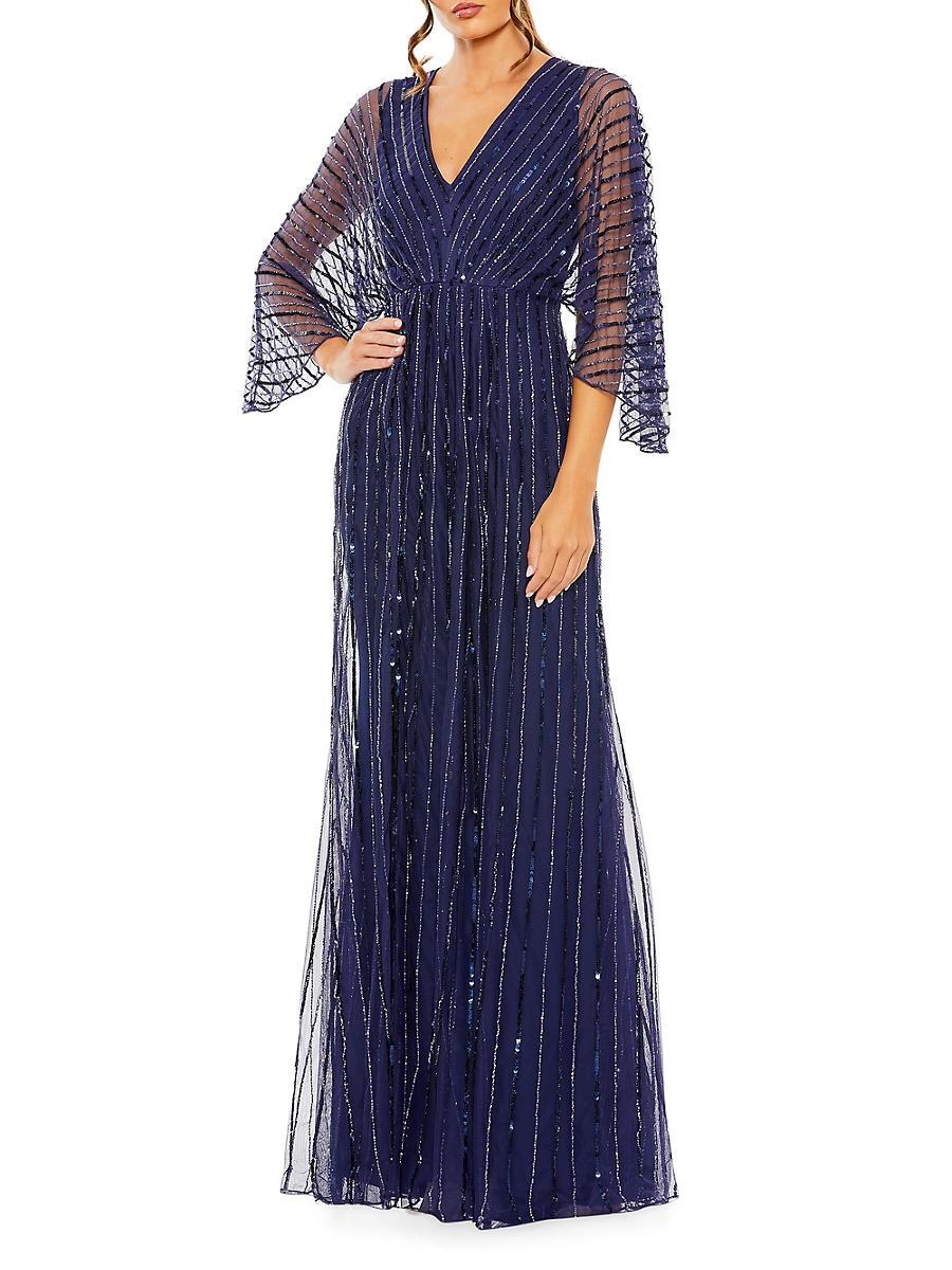 Mac Duggal Beaded Stripe 34 Kimono Sleeve V Product Image