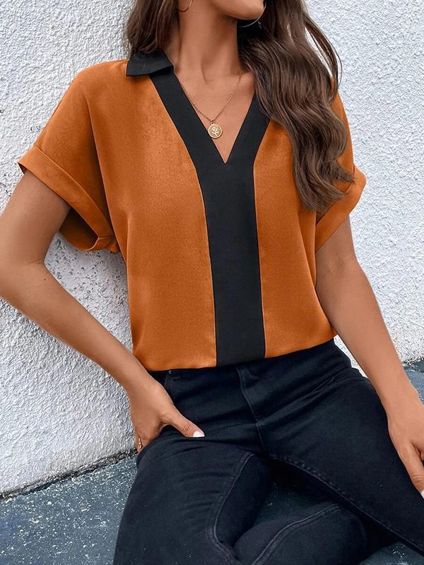 Loose Short Sleeves Contrast Color V-Neck T-Shirts Tops Product Image