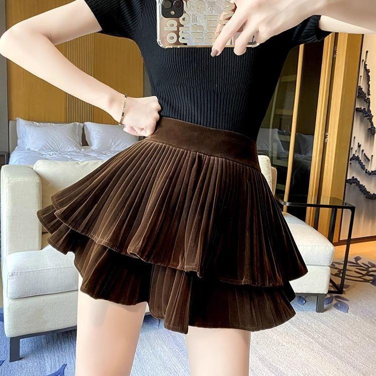 High Waist Plain Mini Tiered A-Line Skirt Product Image